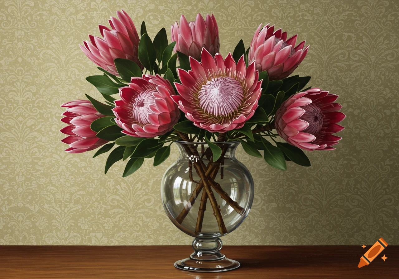 Photorealistic still life of pink protea flowers in a clear glass vase on a wooden table with patterned wallpaper.