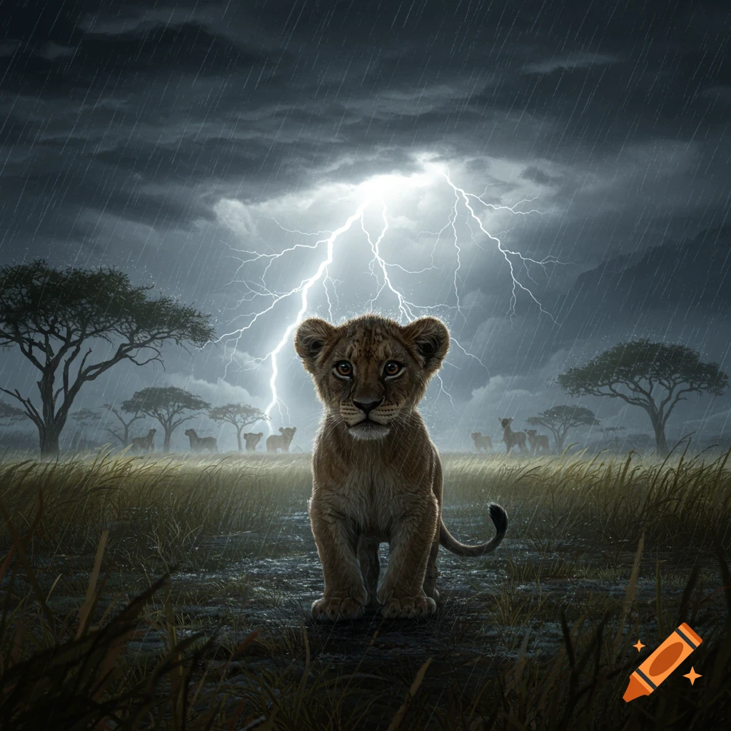 Photorealistic image of a lone lion cub standing in a rainy savannah during a lightning storm, looking forward. Distant trees and animals are visible.