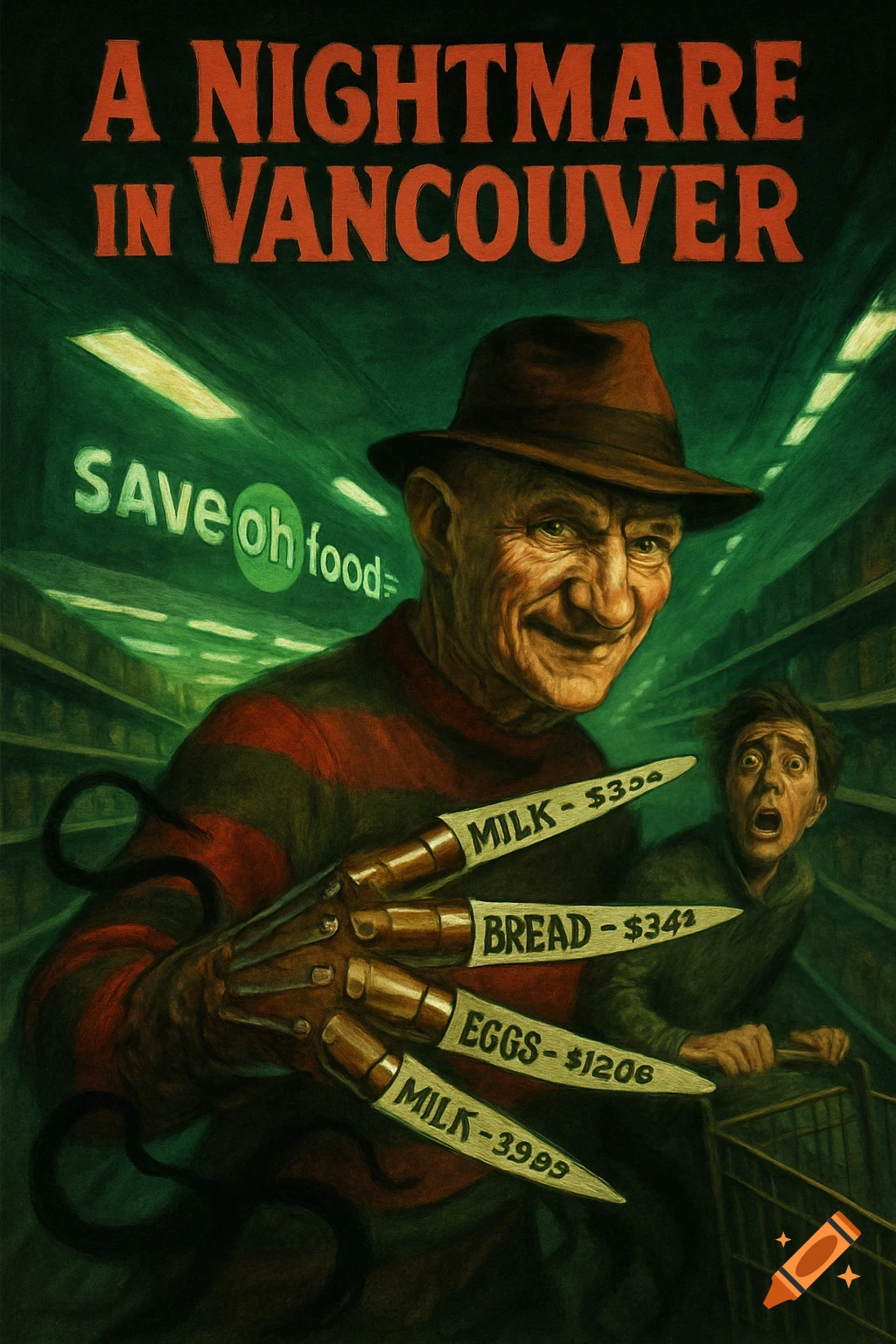 A horror-style illustration of Freddy Krueger with knife-blades labeled with grocery prices, chasing a terrified shopper in a dimly lit grocery store. "A NIGHTMARE IN VANCOUVER" is at the top.