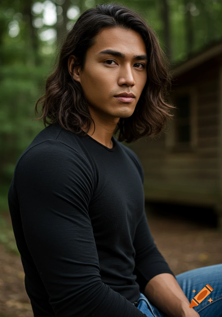 Photorealistic portrait of a serious young man with long wavy brown hair, wearing a black shirt and jeans, sitting outdoors in front of a cabin.