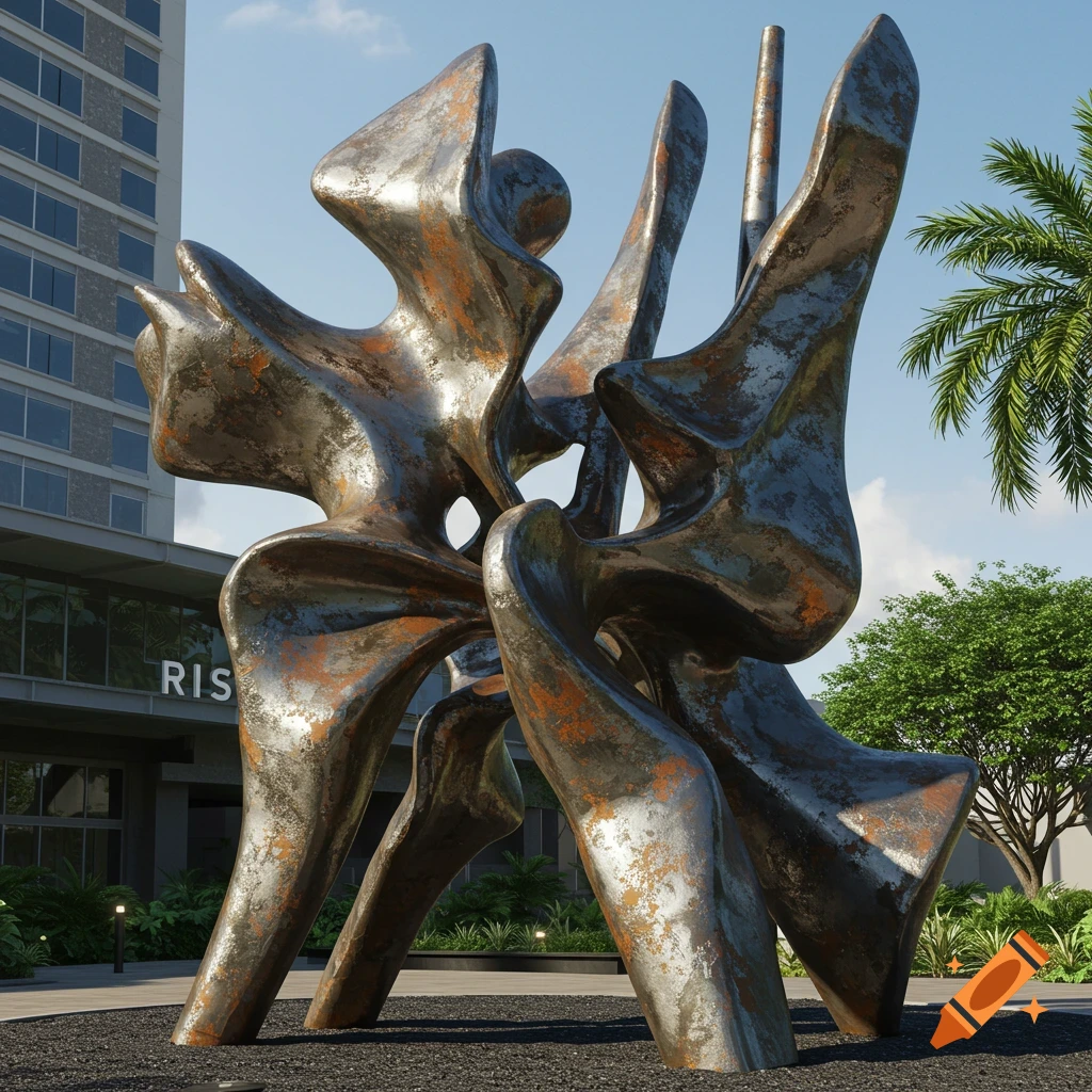 Abstract rusty metal sculpture with organic forms outside a modern building and palm tree.