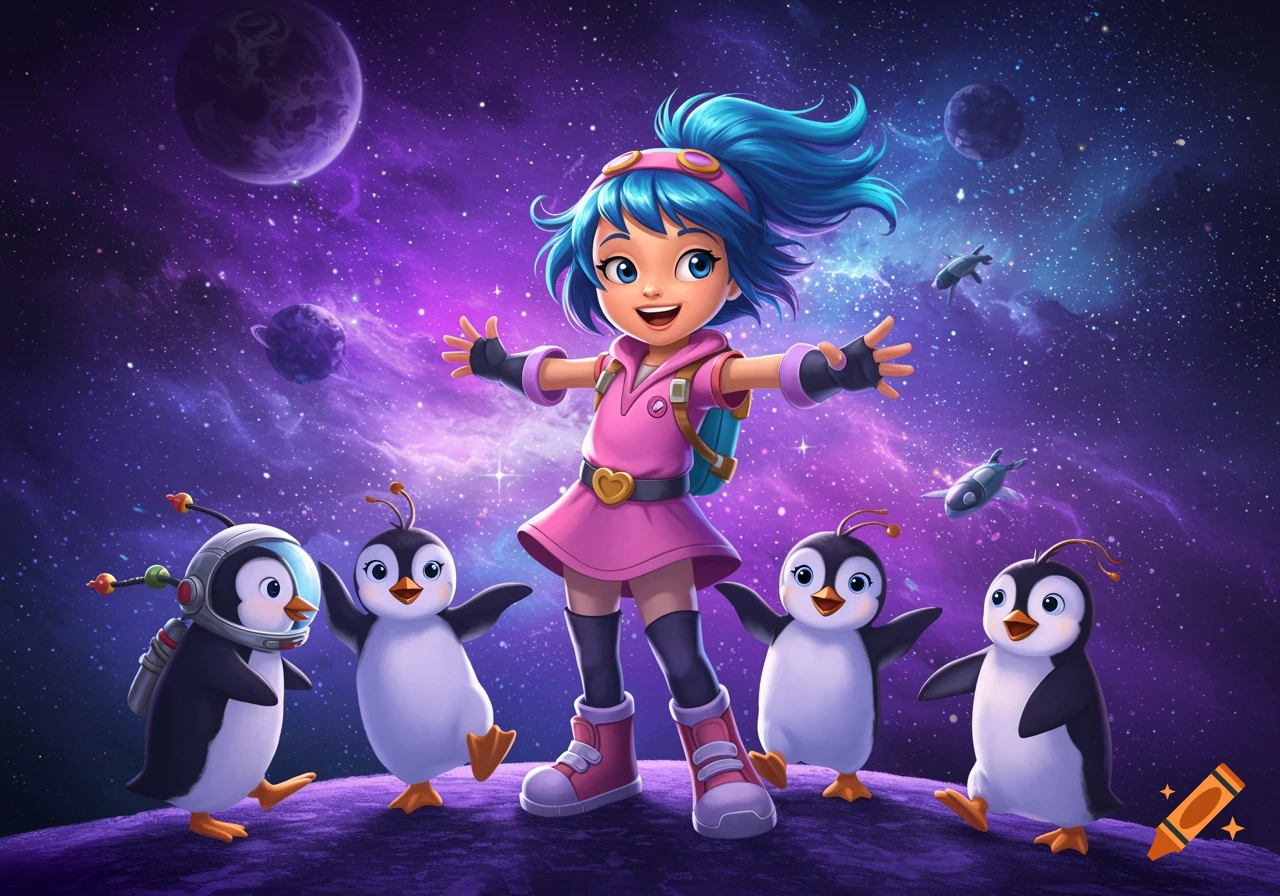 A cartoon girl with blue hair and penguins in a vibrant purple galaxy.