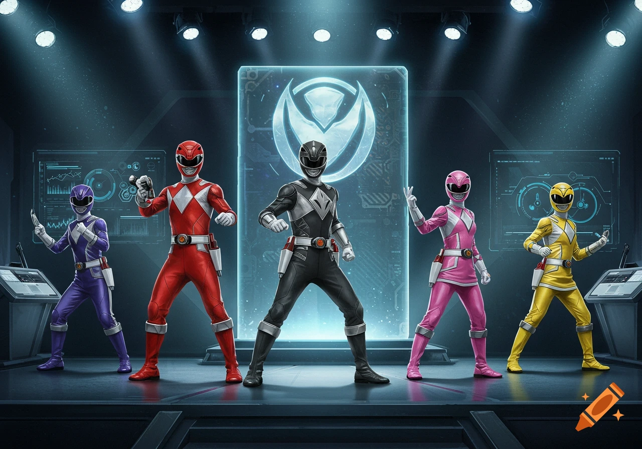 Five Power Rangers in red, black, pink, purple, and yellow suits stand on a stage in a futuristic control room with glowing screens.