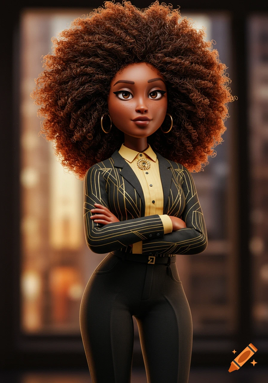3D animated African-American woman with large curly afro hair, wearing a black blazer with gold art deco stripes, yellow shirt, and black pants, arms crossed.