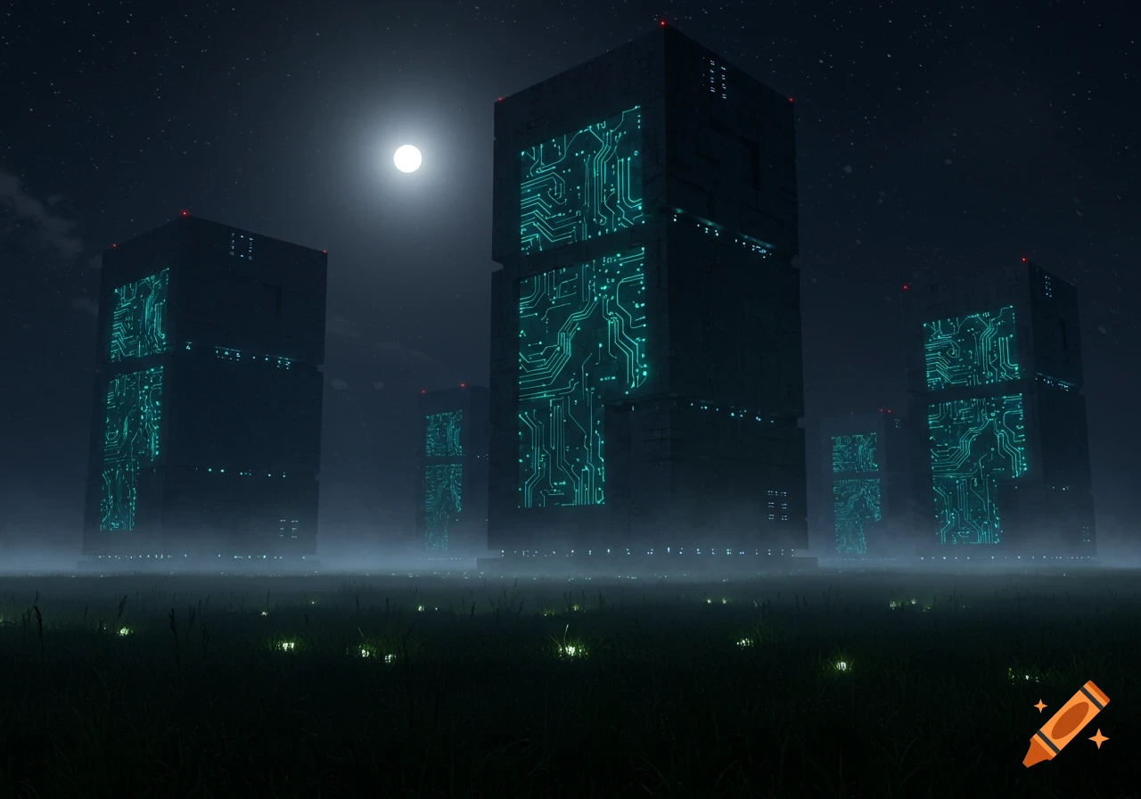 Futuristic brutalist skyscrapers with glowing green circuit patterns stand in a foggy field under a full moon at night.