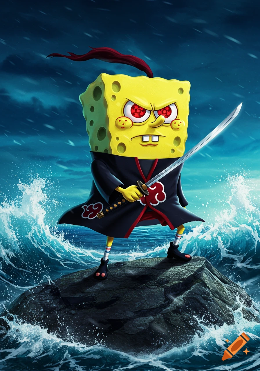 Spongebob Squarepants in a black Akatsuki robe with red Sharingan eyes, holding a katana, stands on a rock in stormy seas.