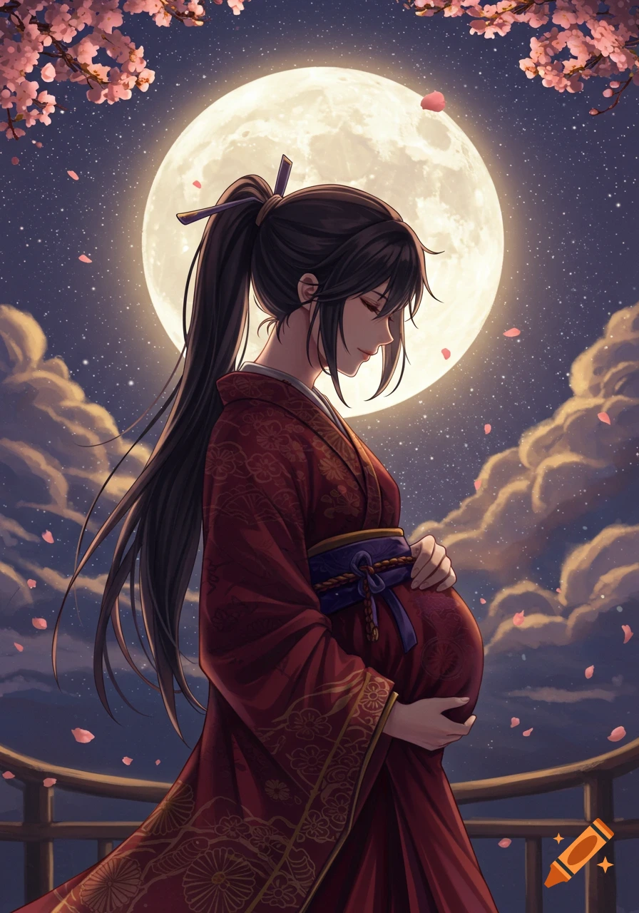 An anime illustration of a pregnant woman in a red kimono cradling her belly under a full moon with cherry blossoms.