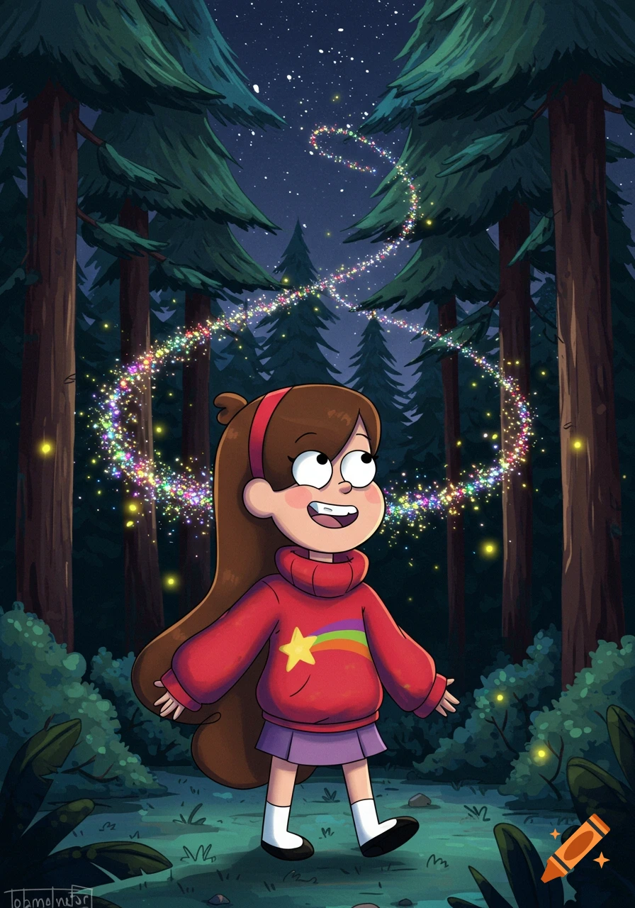 Cartoon of Mabel Pines in a dark forest at night, looking up at a swirling trail of colorful glittery stars.