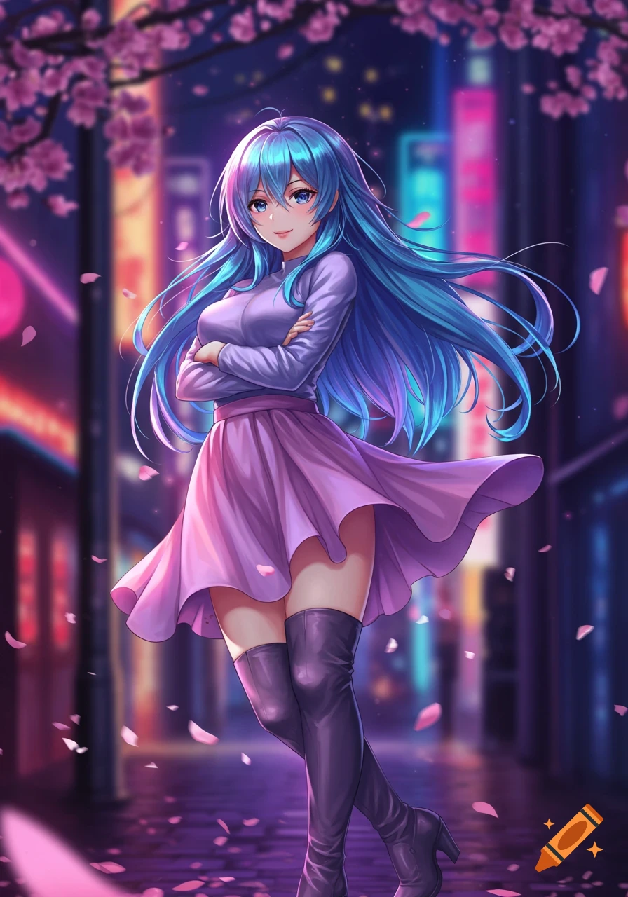 An anime girl with long blue hair, wearing a purple dress and black boots, stands on a neon-lit city street with pink sakura petals falling around her.