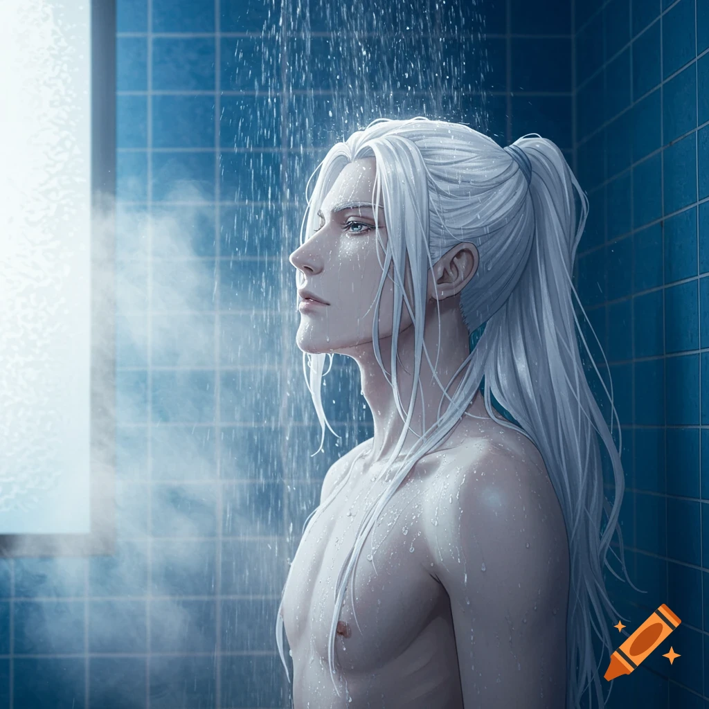 Anime man with long white ponytail showering, water streams falling over his shirtless torso.