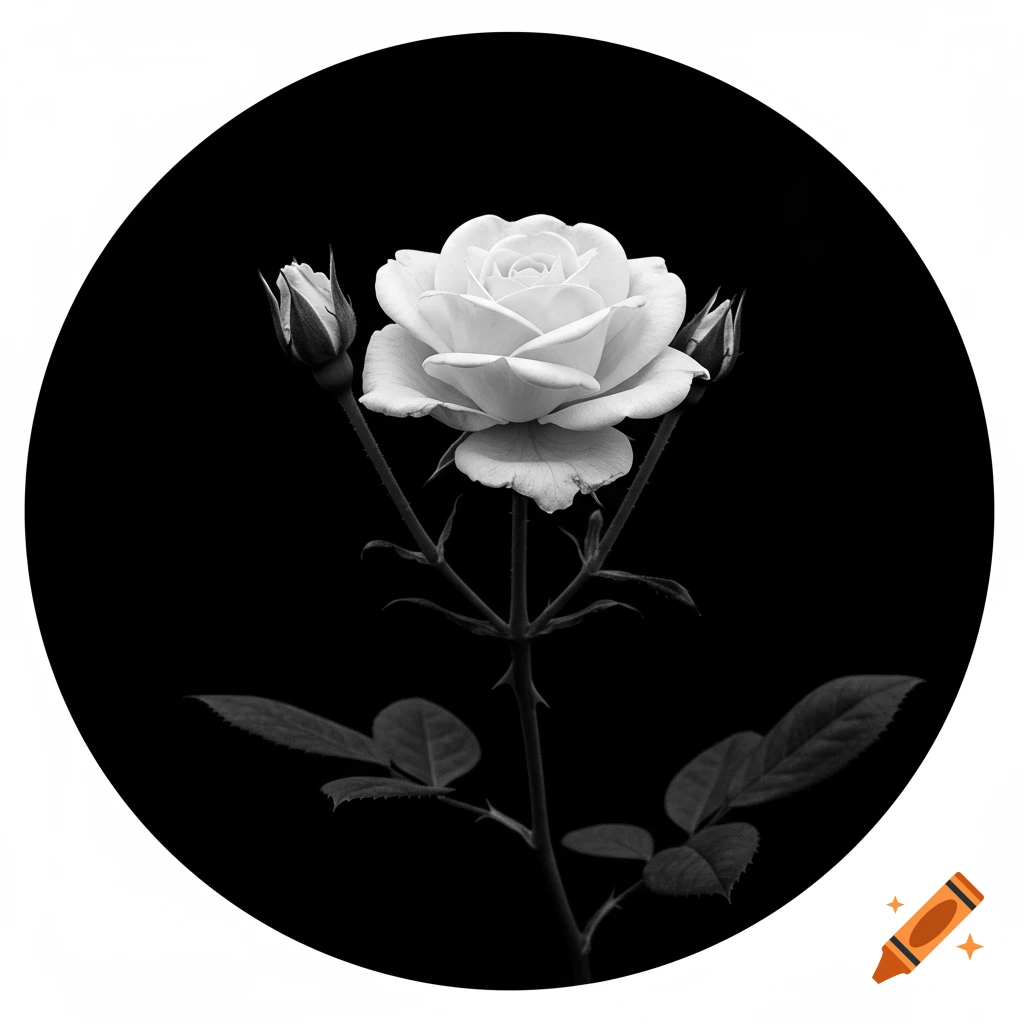 A monochromatic white rose with two buds and a thorny stem in a circular frame against a black background.