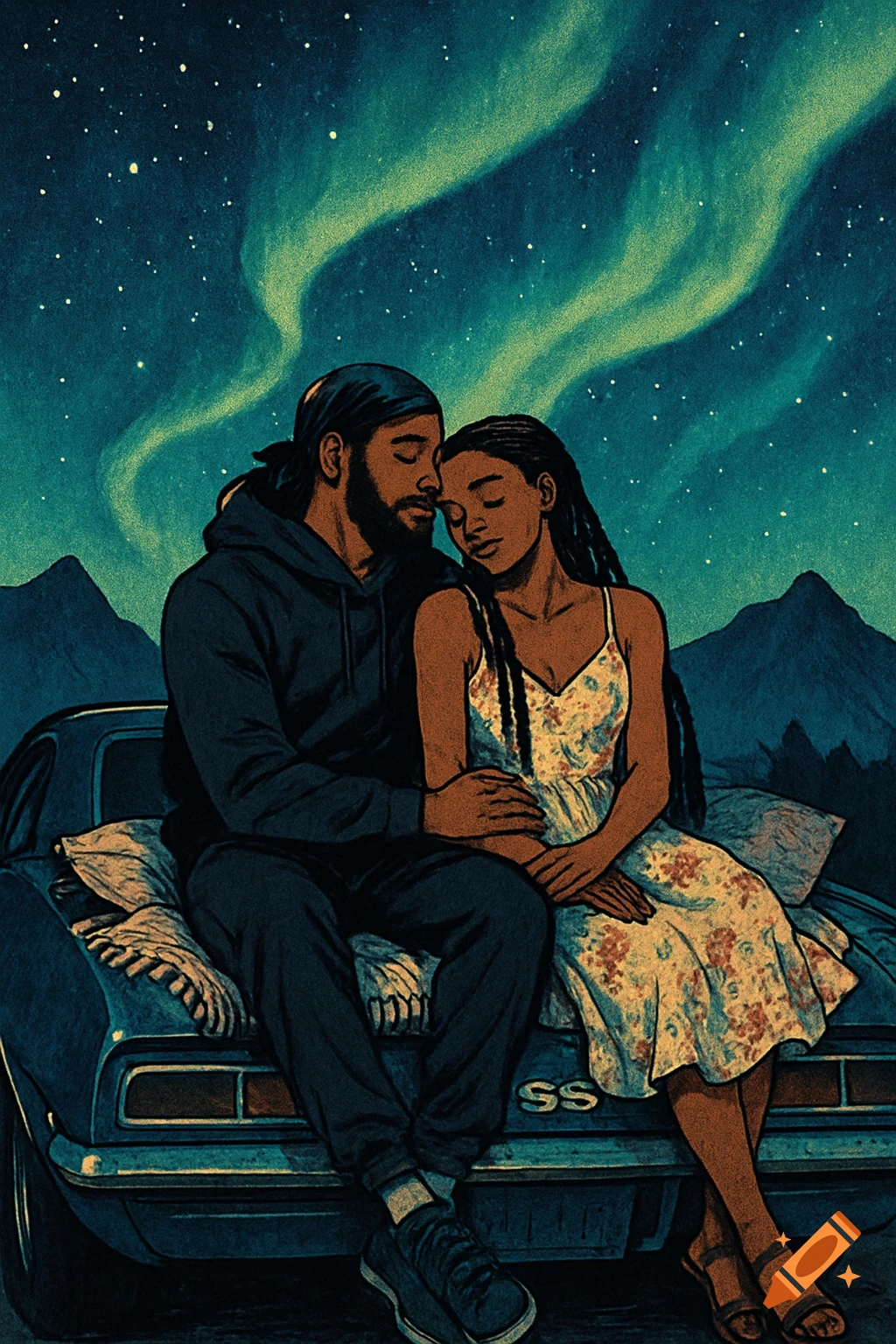 Hand-drawn illustration of a Black couple cuddling on a vintage car trunk, stargazing under the aurora borealis.