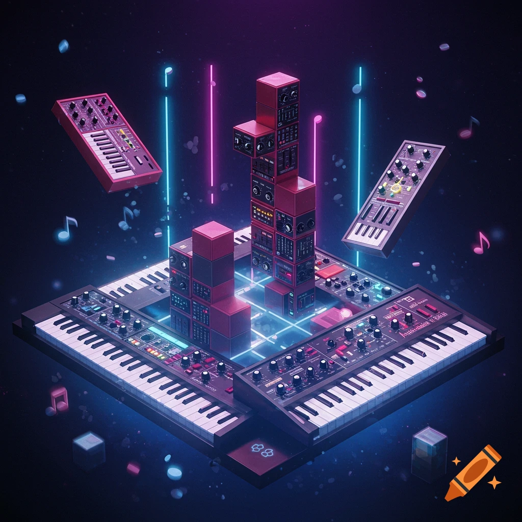 Isometric view of synthesizers forming Tetris shapes, glowing with neon pink and blue lights in a dark, futuristic space.