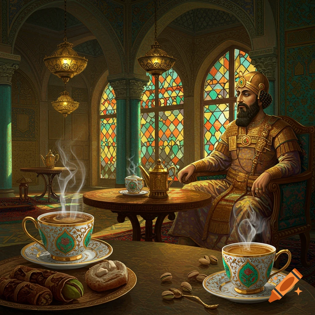 A man resembling Cyrus the Great, dressed in ornate golden robes and a helmet, sits in a lavish Persian-style room with intricate stained glass windows, a steaming cup of coffee and sweets on a table before him.