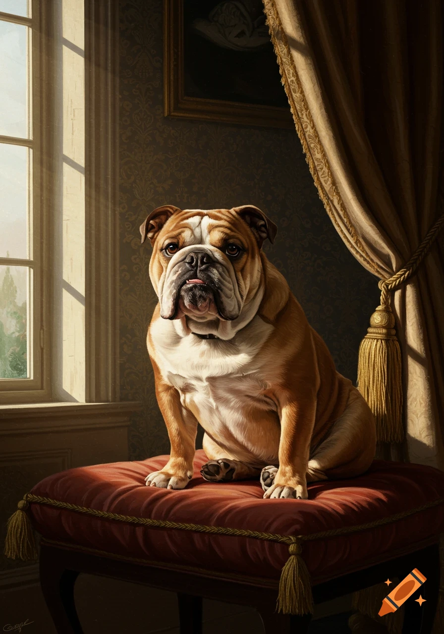 A photorealistic painting of a brown and white English bulldog sitting regally on a red velvet cushion by a sunlit window.