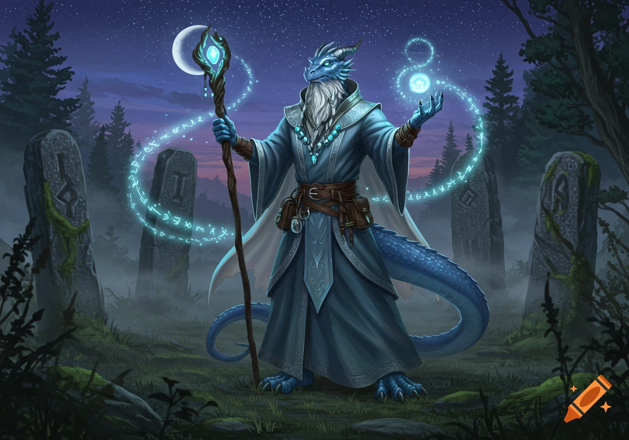 A blue dragonborn wizard with a white beard casts a glowing spell with a staff in a misty forest at night, surrounded by ancient stone monoliths.