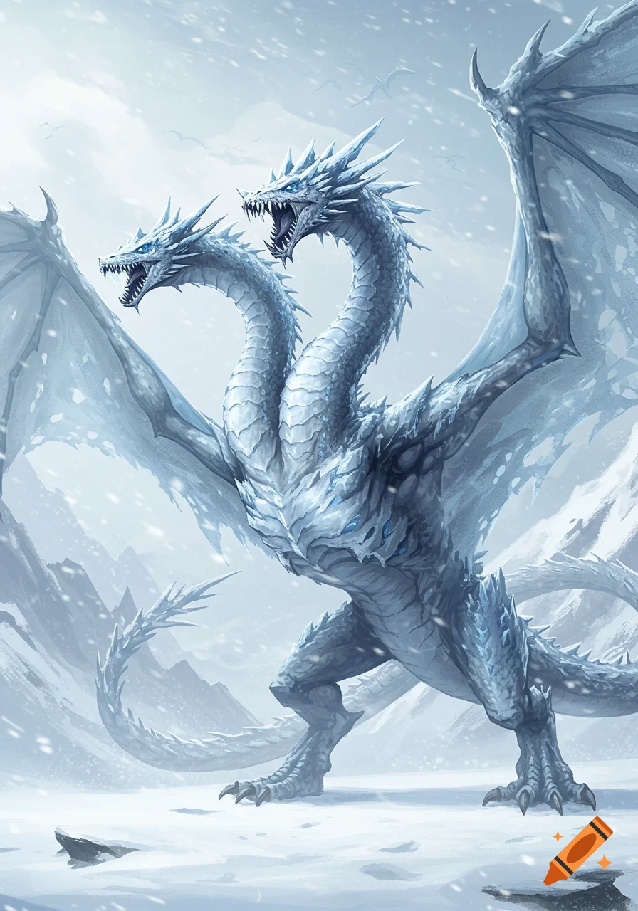 A majestic, two-headed ice dragon with large wings stands in a snowy, mountainous landscape during a blizzard.