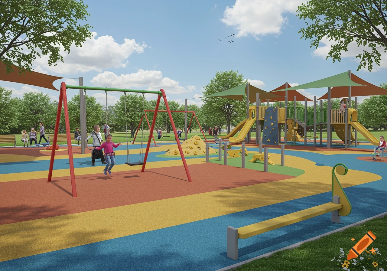 A vibrant, modern children's playground featuring colorful soft flooring, swings, slides, and climbing structures under a blue sky.