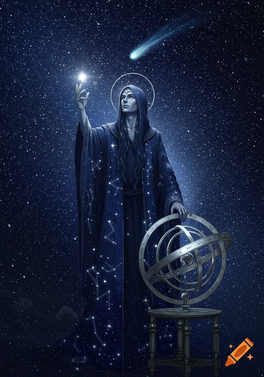 A hooded, mystical figure in a star-patterned robe holds a glowing star and an armillary sphere against a cosmic background with a comet.
