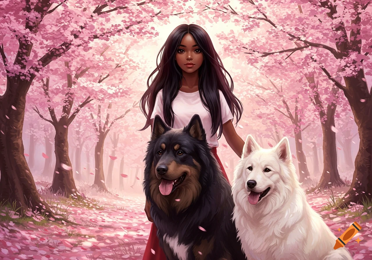 Illustrated dark-skinned girl with long black hair standing with a black dog and a white dog in a cherry blossom forest.
