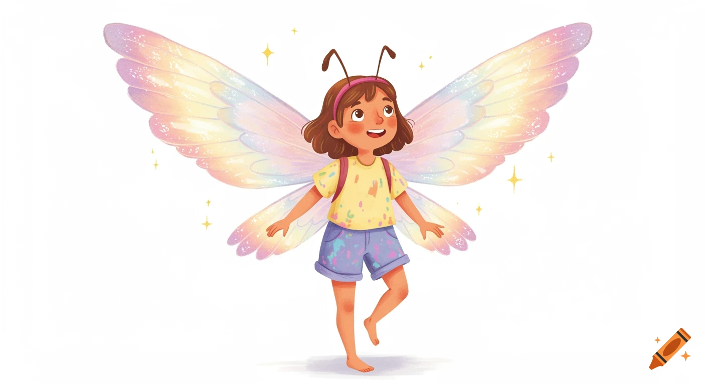 A smiling cartoon girl with colorful butterfly wings and antennae, wearing a paint-splattered shirt and shorts, stands barefoot on a white background with sparkles.