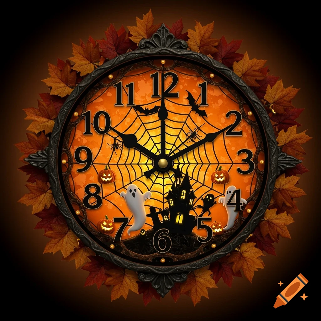 Halloween-themed clock with orange face, spiderwebs, ghosts, pumpkins, bats, and a haunted house, surrounded by autumn leaves.