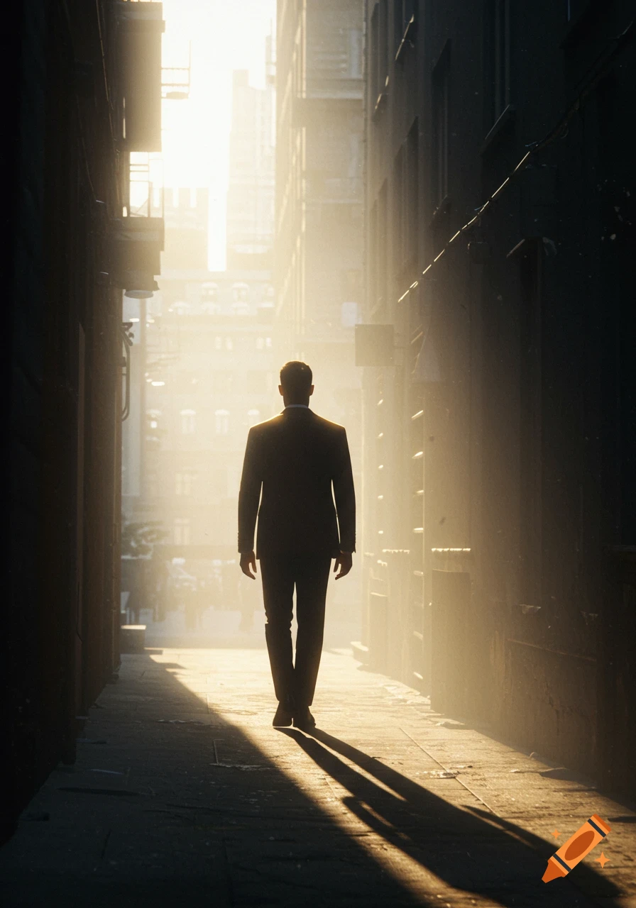 A man in a suit walks down a narrow, sunlit urban alleyway, back to the viewer, casting a long shadow.