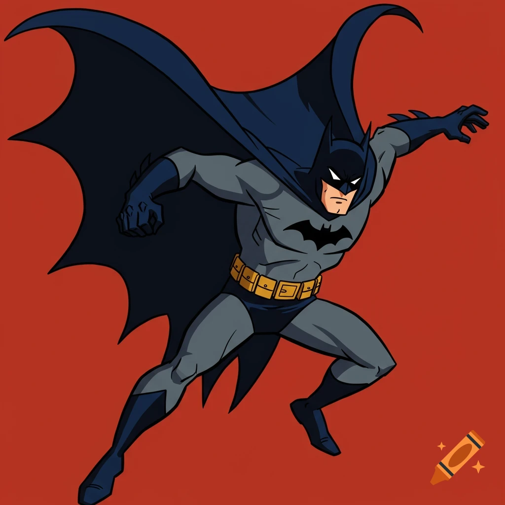 Cartoon Batman in a grey suit and blue cape, leaping with one arm extended, against a red background.