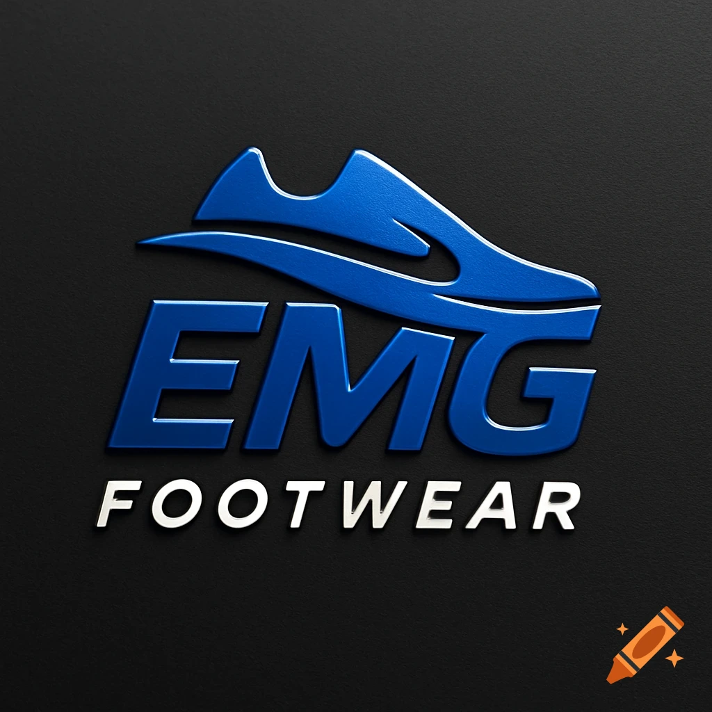 Blue 3D logo featuring a stylized shoe above 'EMG' and 'FOOTWEAR' text on a dark textured background.