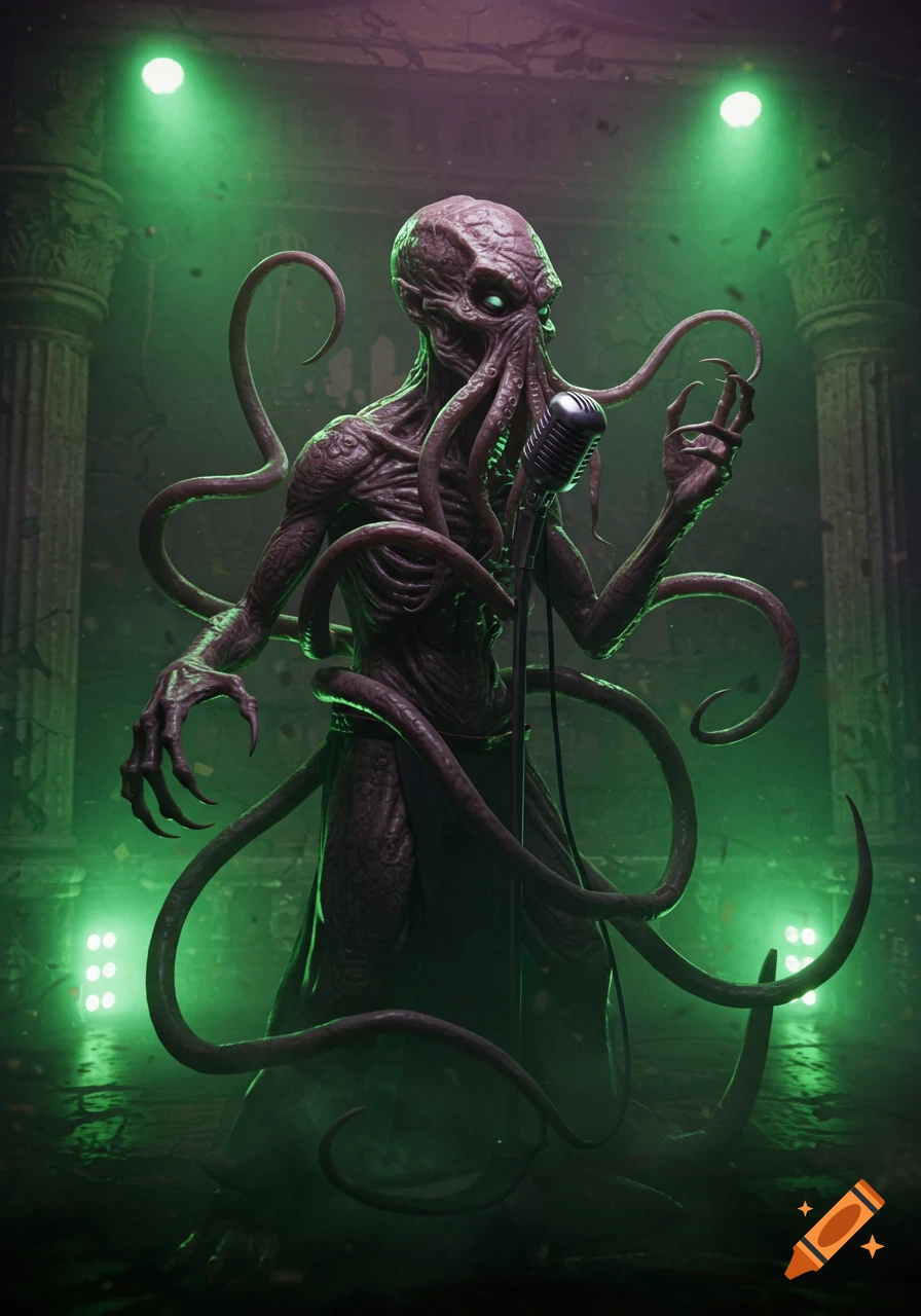 A dark Cthulhu-like monster with tentacles and glowing eyes sings into a vintage microphone on a stage lit by green spotlights in a ruined hall.