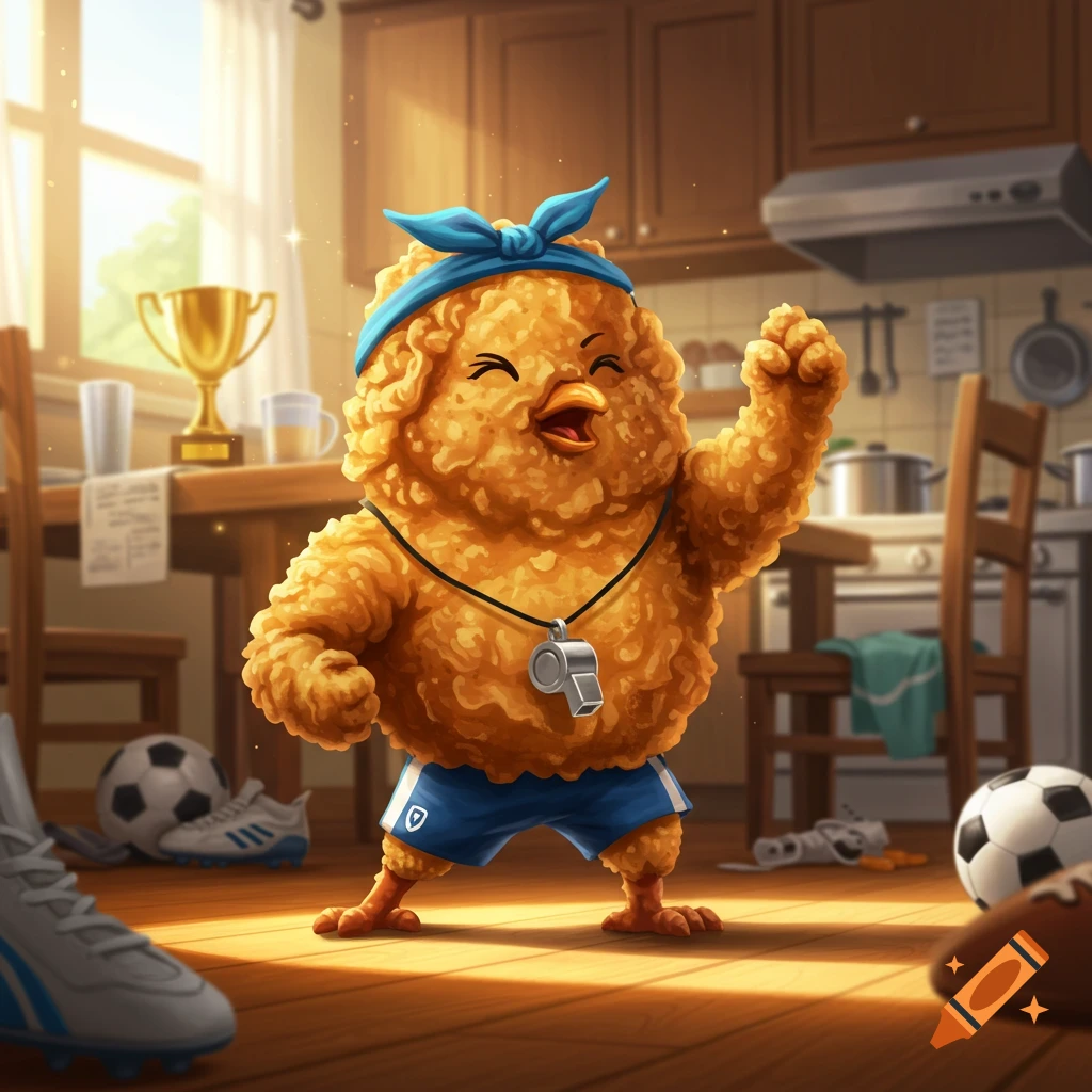A confident, anthropomorphic fried chicken wearing a blue headband, shorts, and whistle, in a sunlit kitchen with soccer gear.
