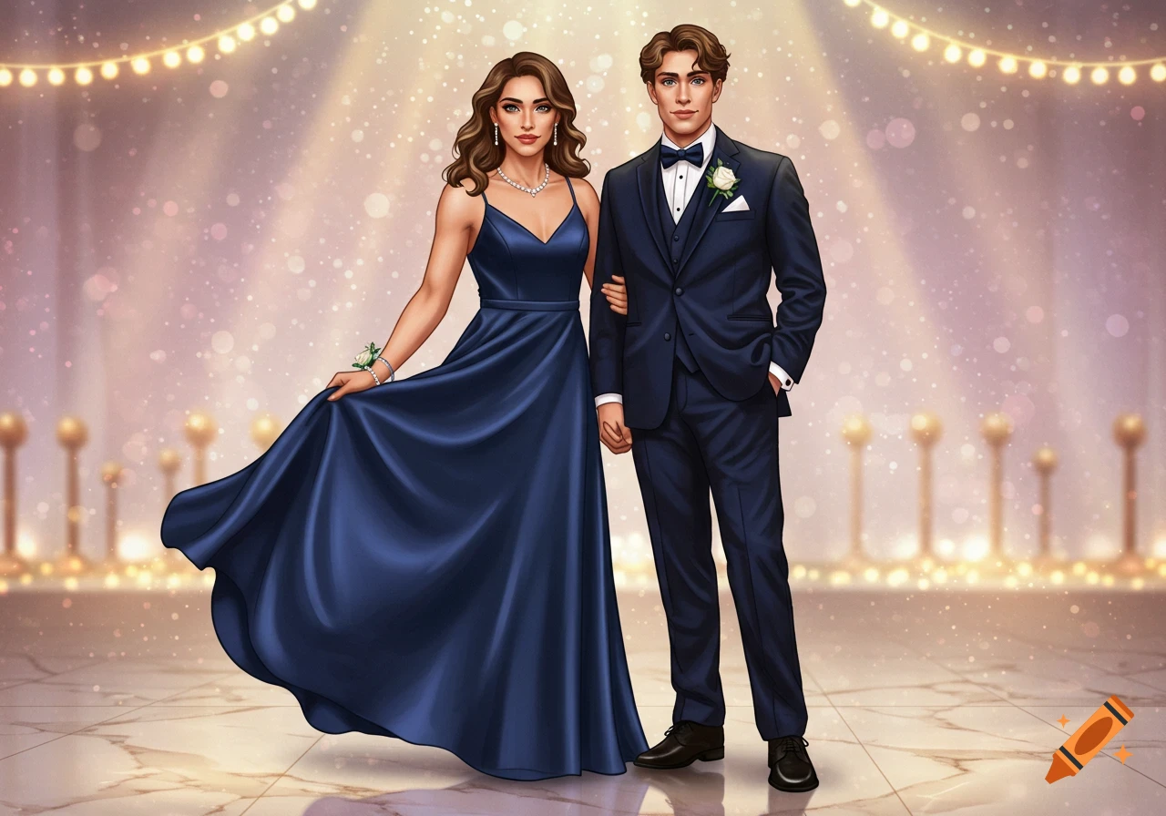 A stylish illustrated couple, a woman in a navy gown and a man in a navy tuxedo, pose against a twinkling, bokeh-lit background.