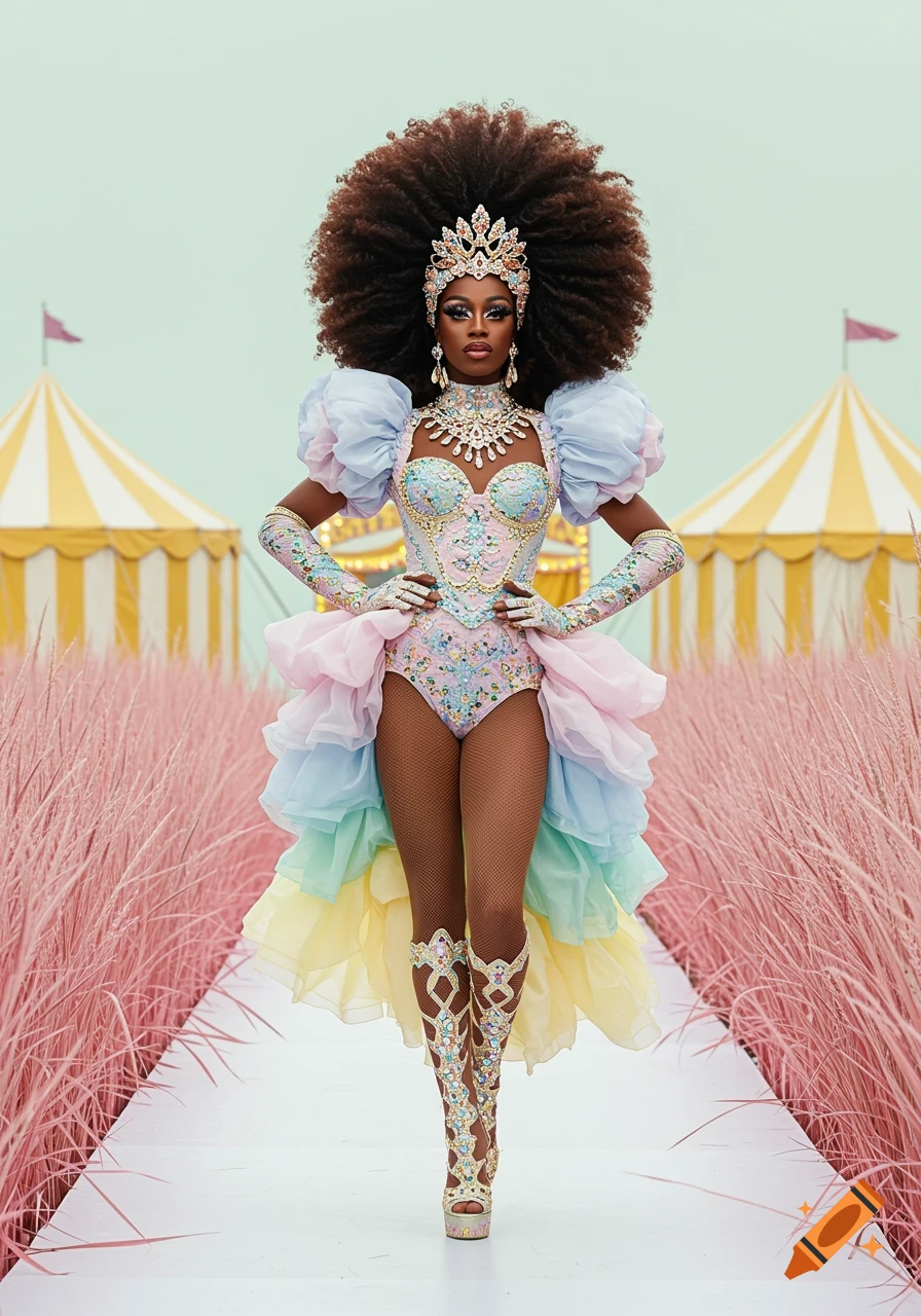 A Black drag queen in an extravagant pastel gown with a large afro, standing on a white path through vibrant pink grass, with circus tents in the background.