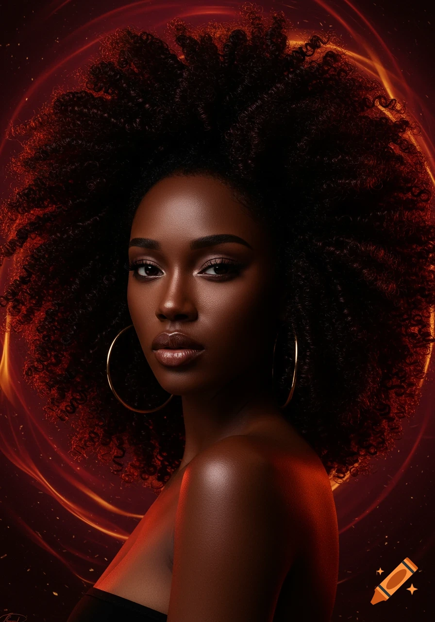 Photorealistic portrait of a dark-skinned woman with voluminous curly hair and golden hoop earrings, against a glowing red and orange swirling background.