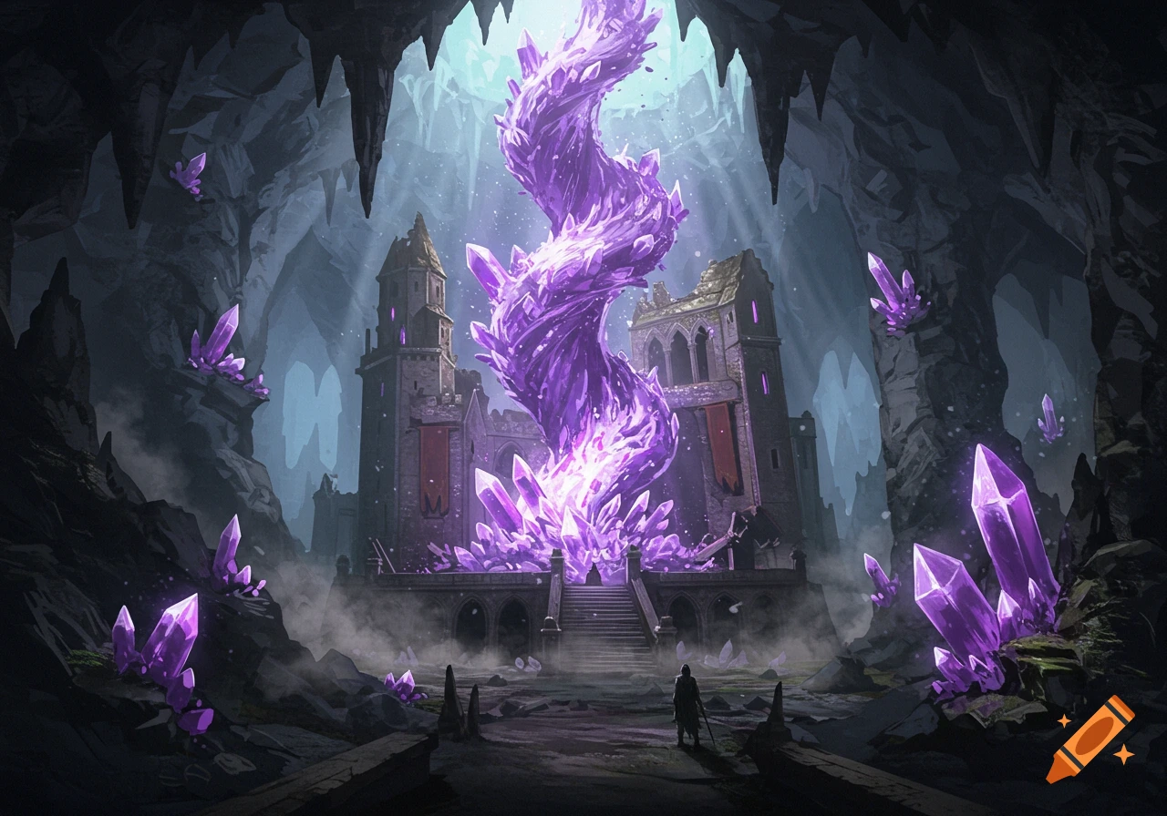 A lone figure approaches a destroyed castle within a vast cave, adorned with glowing purple crystals.