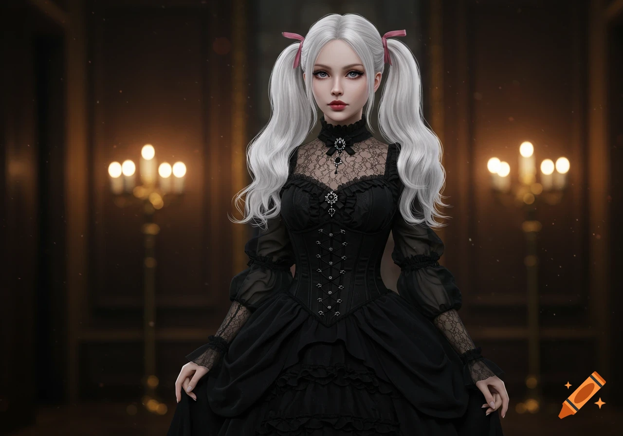A young woman with white hair in pigtails wearing a black gothic dress stands in a dark elegant room with candelabras.
