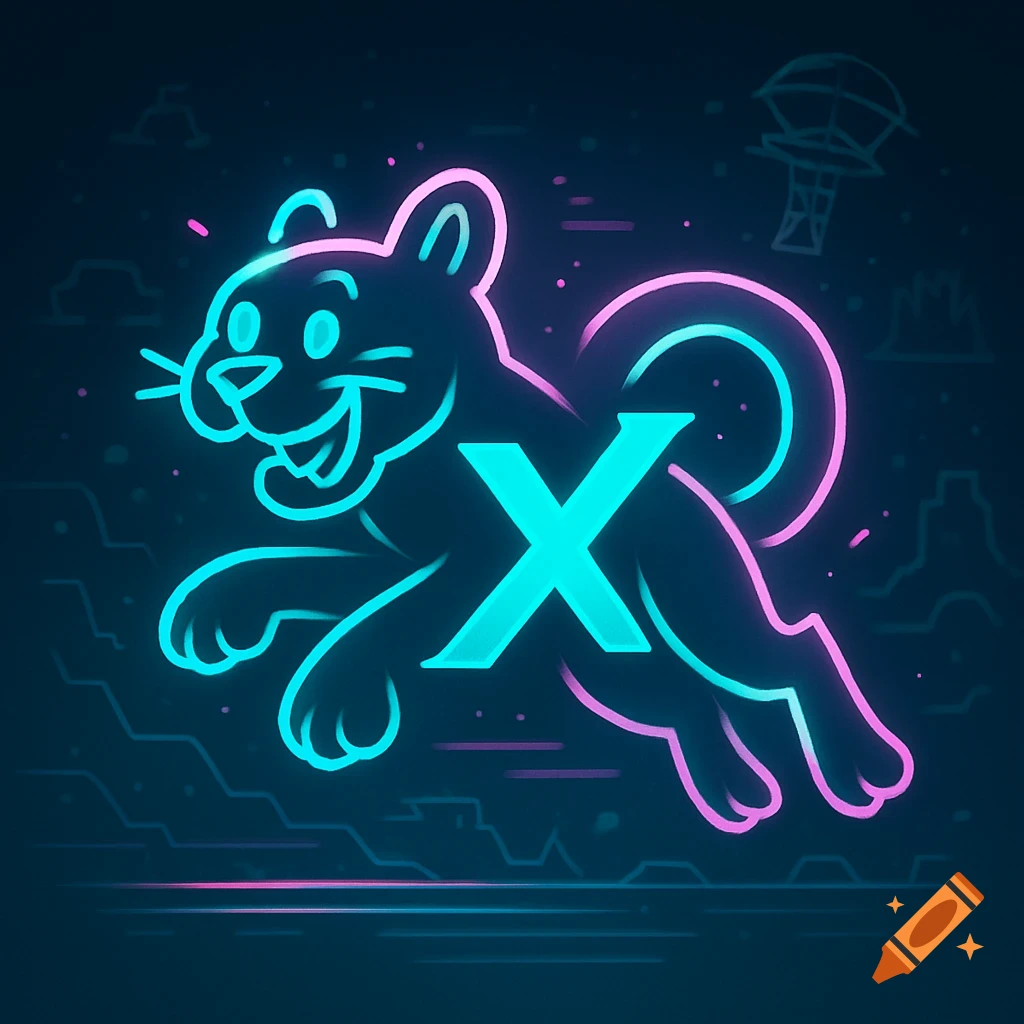 A cartoon neon puma with an X on its side jumps through a futuristic, dark background.