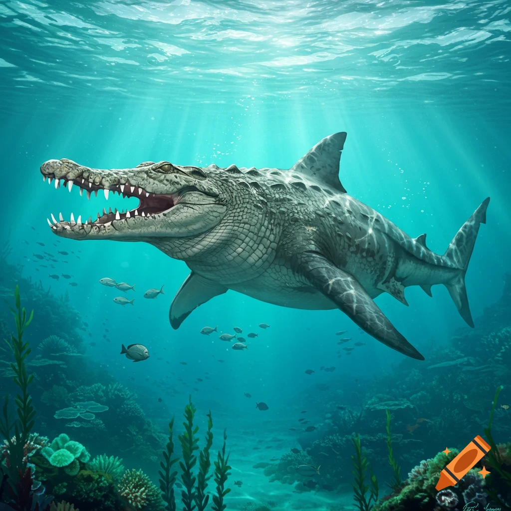 Photorealistic illustration of a shark-crocodile hybrid creature swimming in clear blue ocean water with coral reefs below.