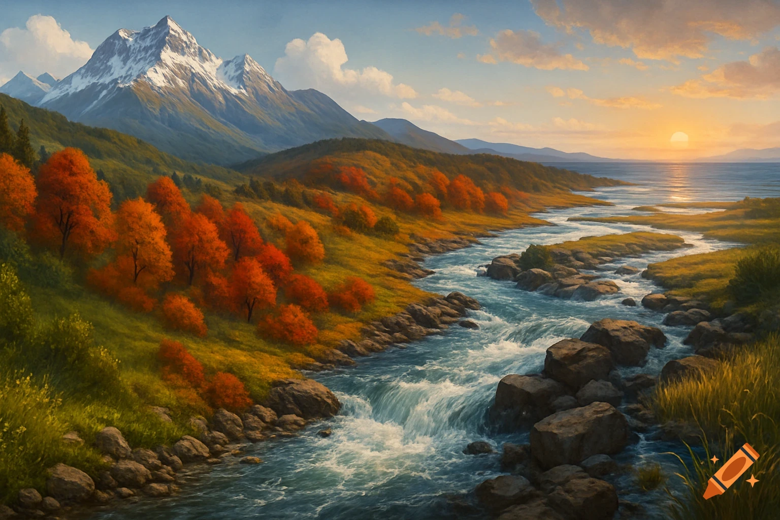 A scenic autumn landscape with a river flowing from snowy mountains towards the ocean at sunset, flanked by vibrant orange trees.
