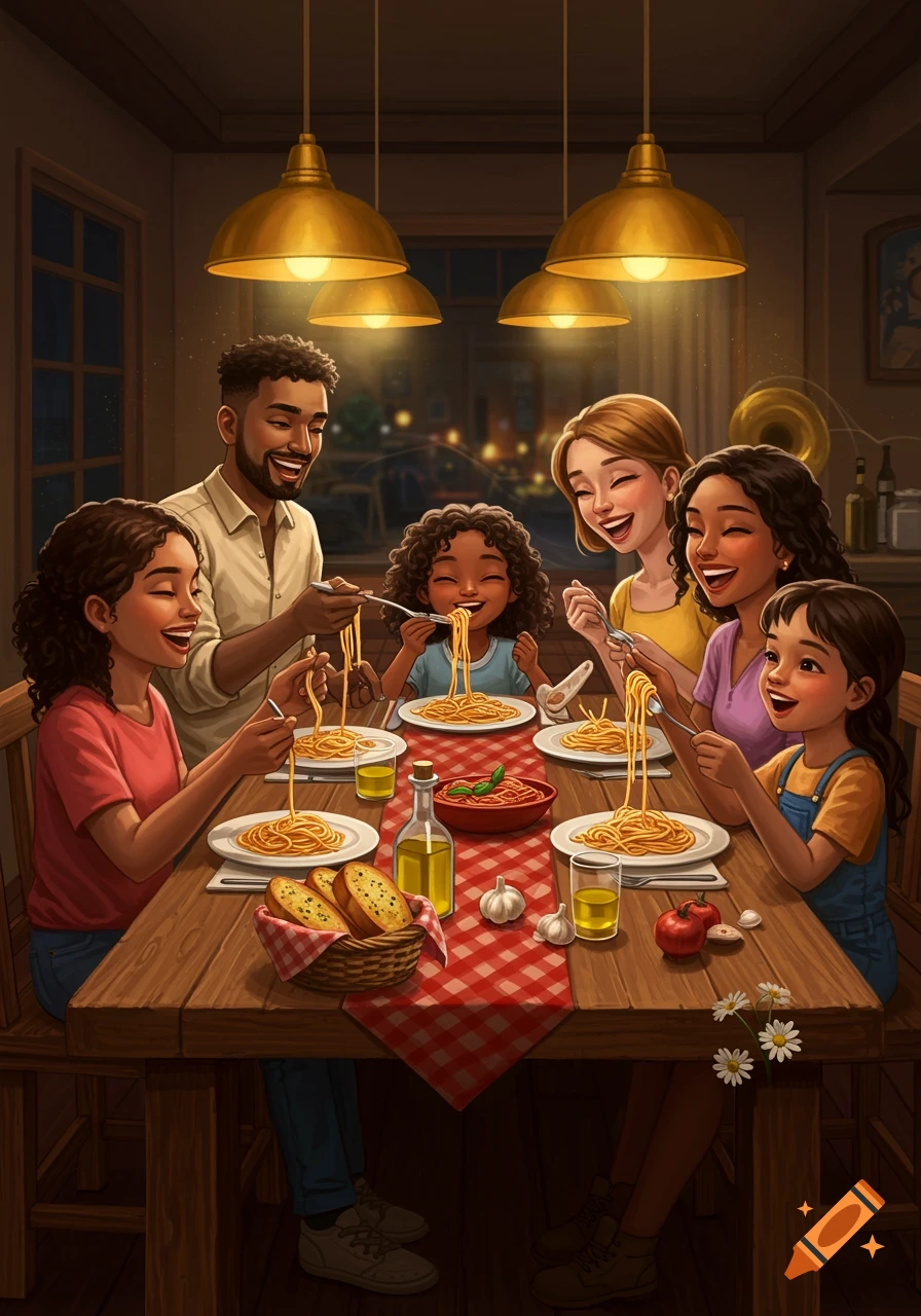 A diverse, happy family enjoys a spaghetti dinner at a wooden table in a warmly lit, illustrated scene.
