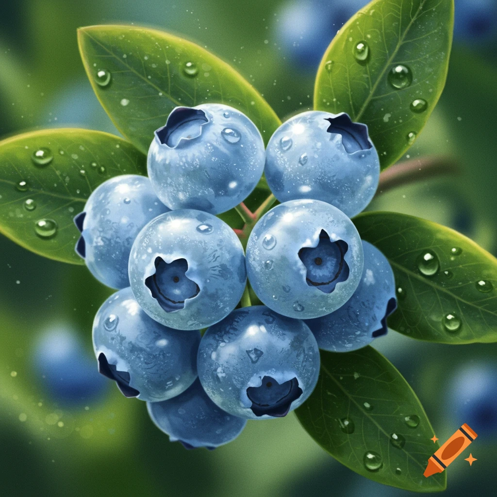 Close-up of fresh blue blueberries covered in water droplets on a green leafy stem.