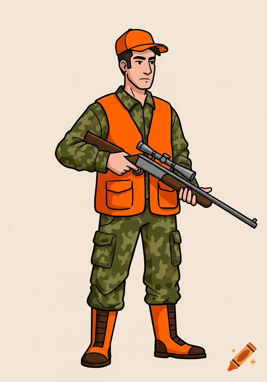 A cartoon male hunter with dark hair, wearing camo clothing, an orange vest, and an orange hat, holding a hunting rifle.