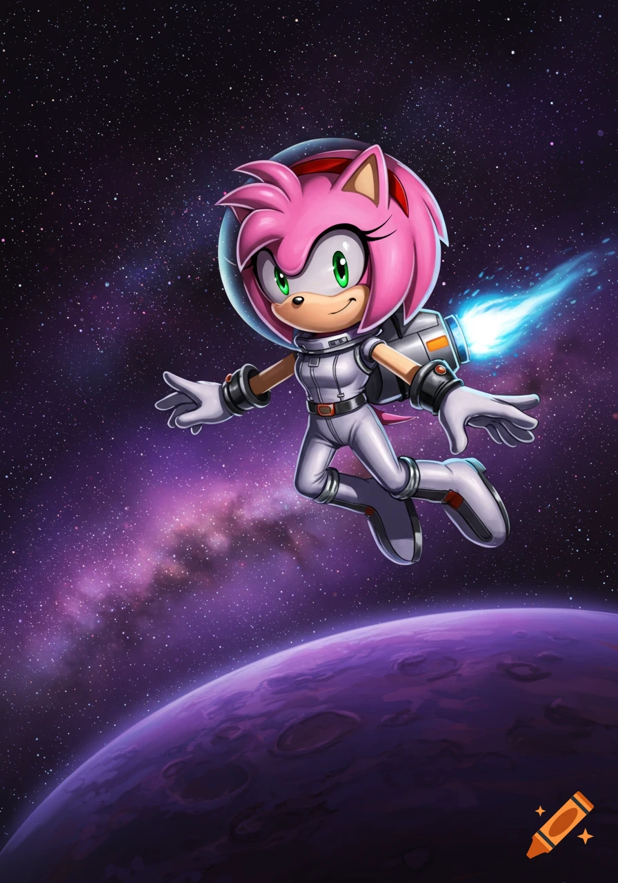 Amy Rose in a white spacesuit and jetpack flies through starry space above a purple planet, in a vibrant cartoon style.