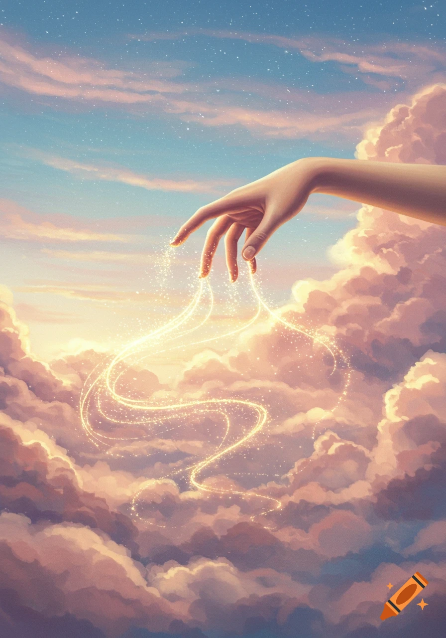 An ethereal hand in a starry sky generates sparkling light over soft clouds in digital art.