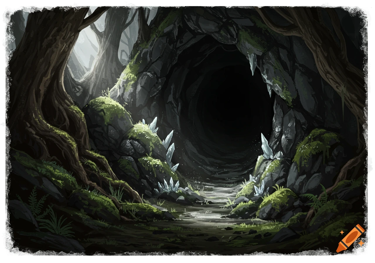 Mysterious cave entrance in a dark forest, with mossy rocks and glowing crystals along a path, in an illustrative style.
