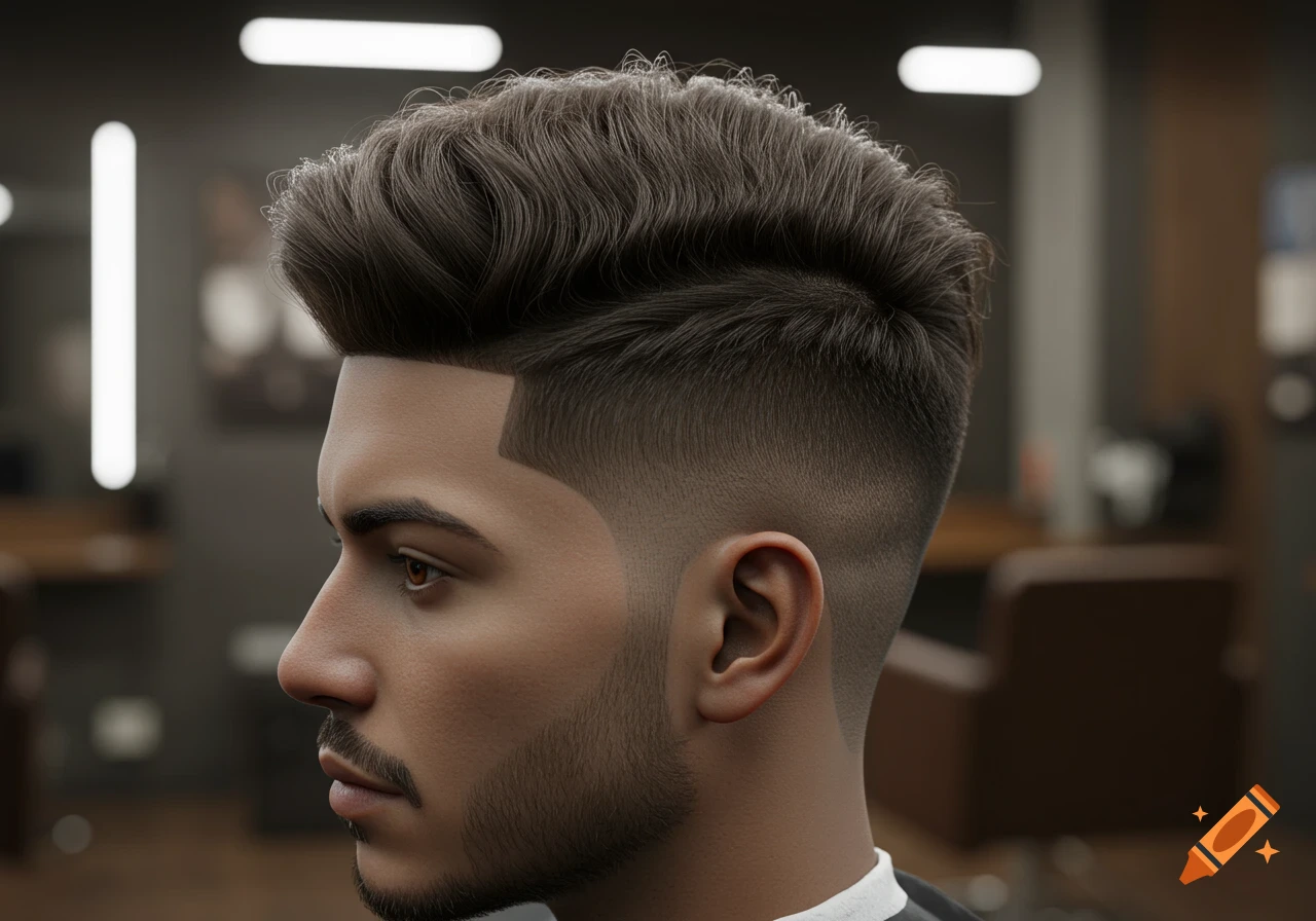 Profile of a man with a stylish low taper fade haircut and short beard in a barber shop.