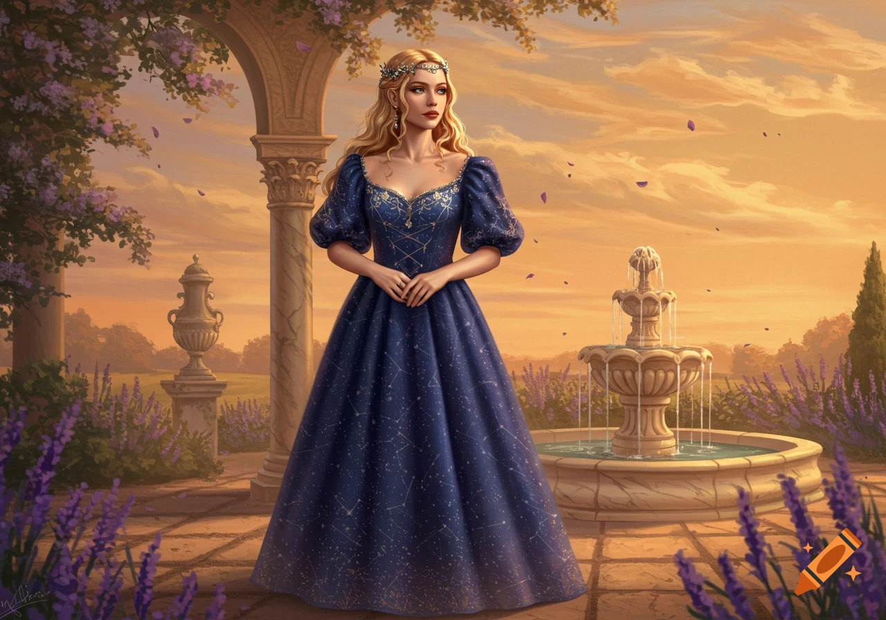 A painting of a blonde woman in a deep blue starry gown standing in a regal garden with a fountain and archway at sunset.