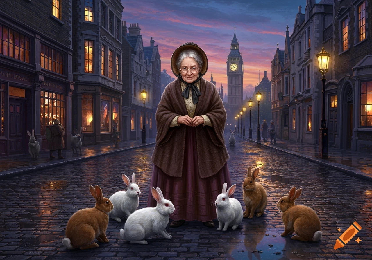 An old woman stands on a wet cobblestone street at dusk in historical London, surrounded by white and brown rabbits. Big Ben is in the background.