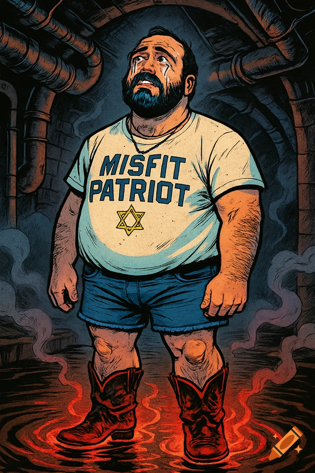 A crying, bearded man wearing a Misfit Patriot shirt with a Star of David and cowboy boots stands in a sewer with glowing red water, in a comic book style.