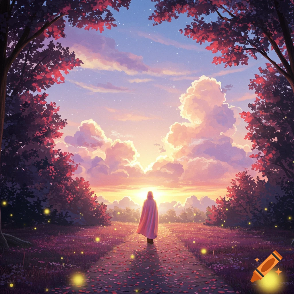 A cloaked person walks on a path through a vibrant, dreamlike landscape with fireflies at sunset in a digital art style.